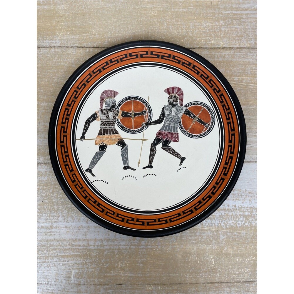 Terracotta Pottery Hanging Plate Hand Painted Warrior Scene Made in Greece 4.5"